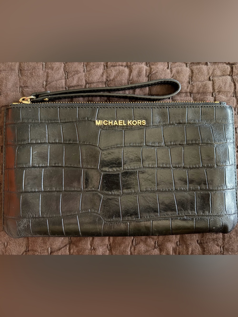 Michael Kors Black Croc-Embossed Wristlet Clutch with Gold Logo